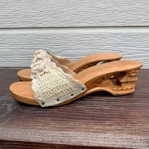 Women’s Beige Slip On Sandals Carved Wood Heels